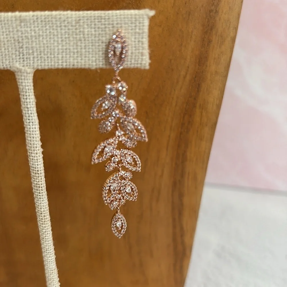 Rose Gold Vermeil Leaf Crystal Drop Earrings
